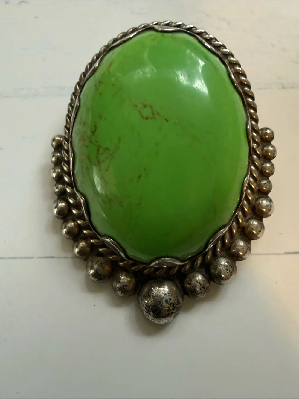 Large Taxco Sterling Silver Brooch Green Stone